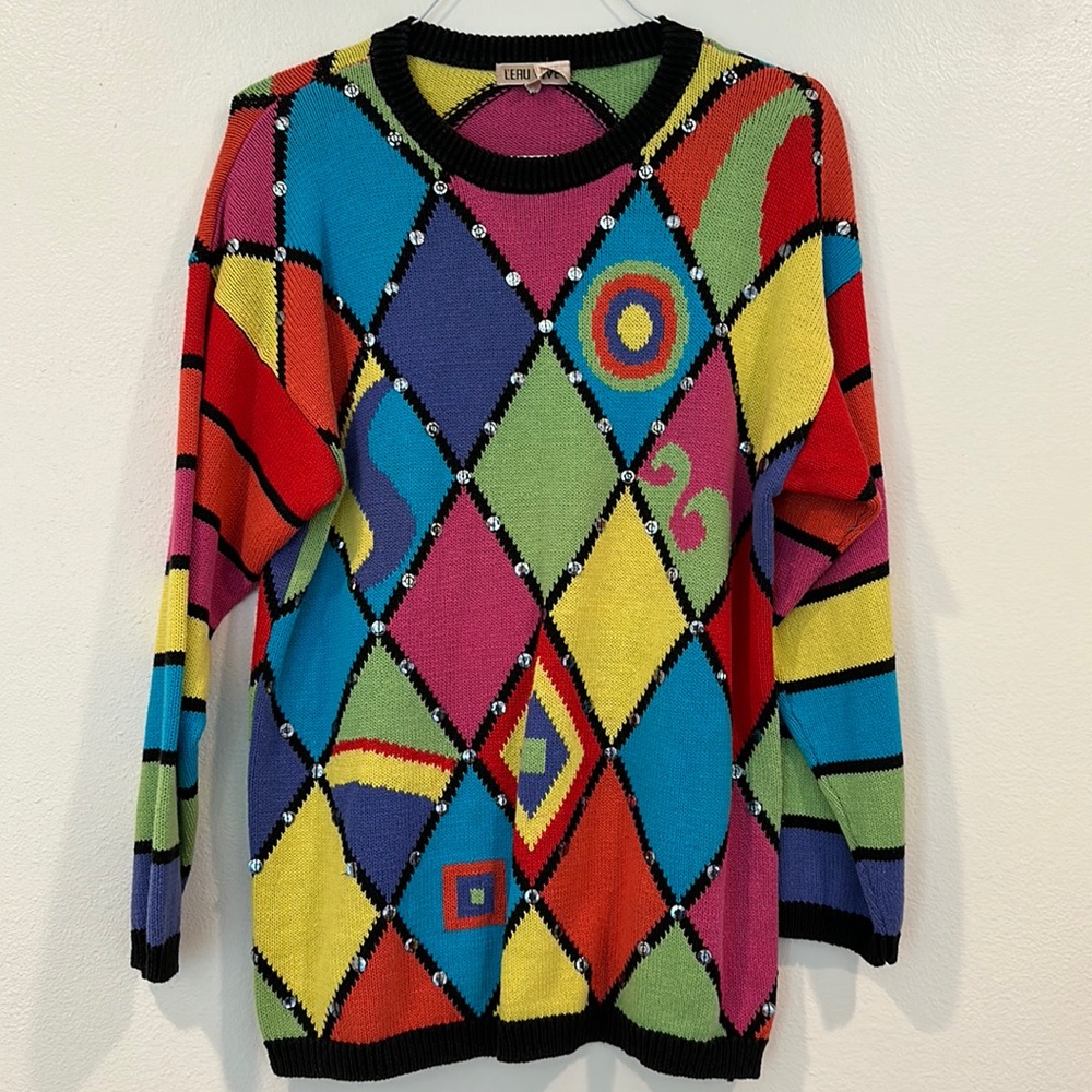 L'eau Vive Vintage 80s 90s Colorful Geometric Sequin Sweater Size Medium